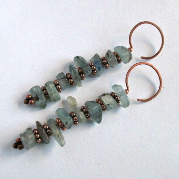 Matte KYANITE Linear Earrings in solid Copper Rustic Tribal Boho Stick - Picture 6 of 7